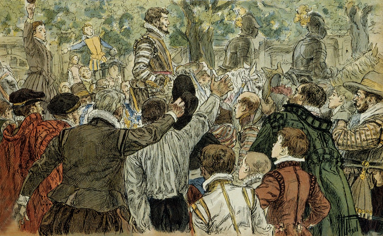 Katolik Birliği lideri Henri de Guise (1549-1588), barikatlar gününden sonra (12 Mayıs 1588) Parisliler tarafından alkışlandı. Çizim 1907, Hermann Vogel (1856-1918). Partiküliye koleksiyonu. by Hermann Vogel