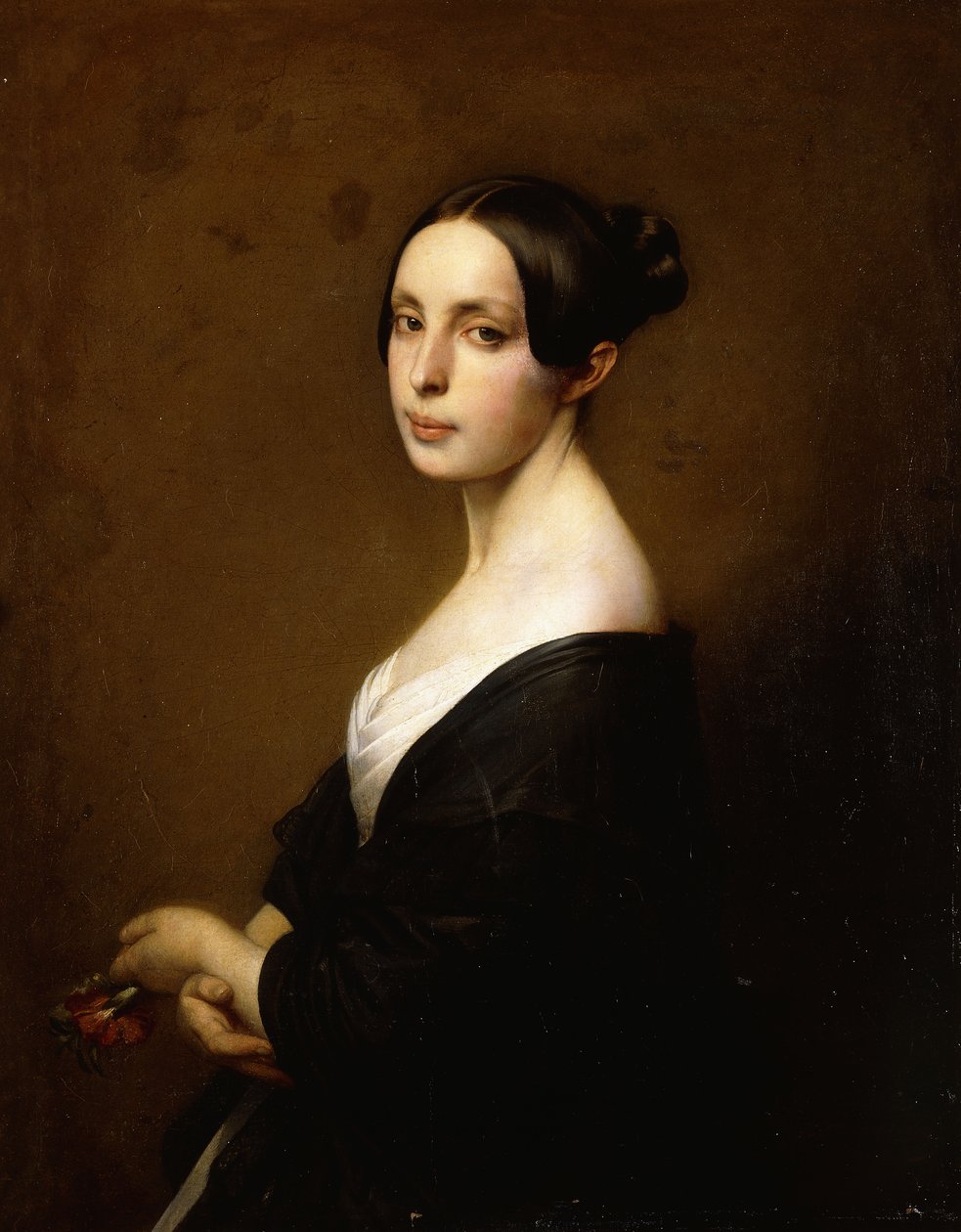 Yarım Boylu, Siyah Elbiseli ve Karanfil Tutan Bir Bayan Portresi, by Hermann Winterhalter