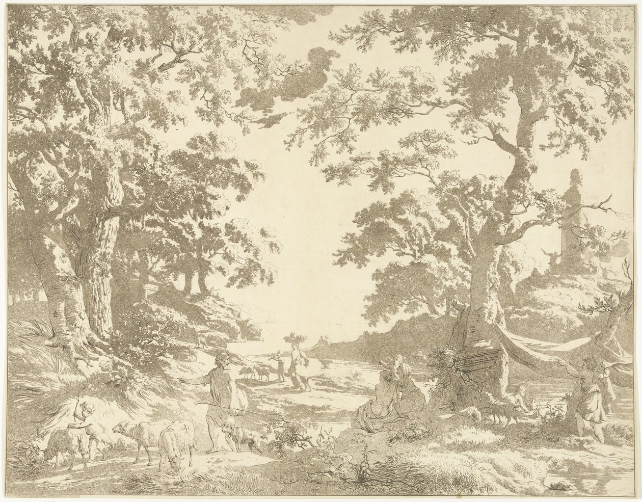 Janus heykeli ile Arcadian manzara by Hermanus Fock