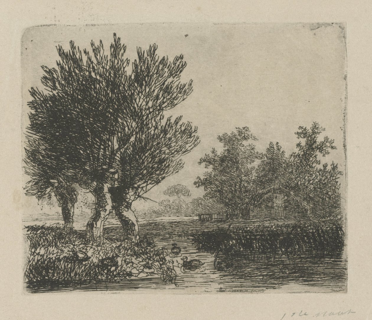 Bir rıhtım üzerinde üç pollard söğüt by Hermanus Jan Hendrik van Rijkelijkhuysen