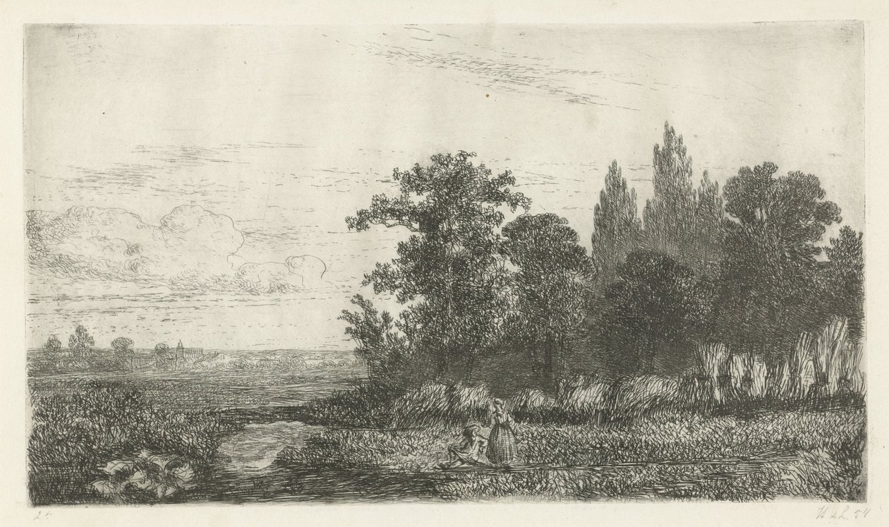 Ormanın kenarında bir dere kenarında kadın ve erkek by Hermanus Jan Hendrik van Rijkelijkhuysen