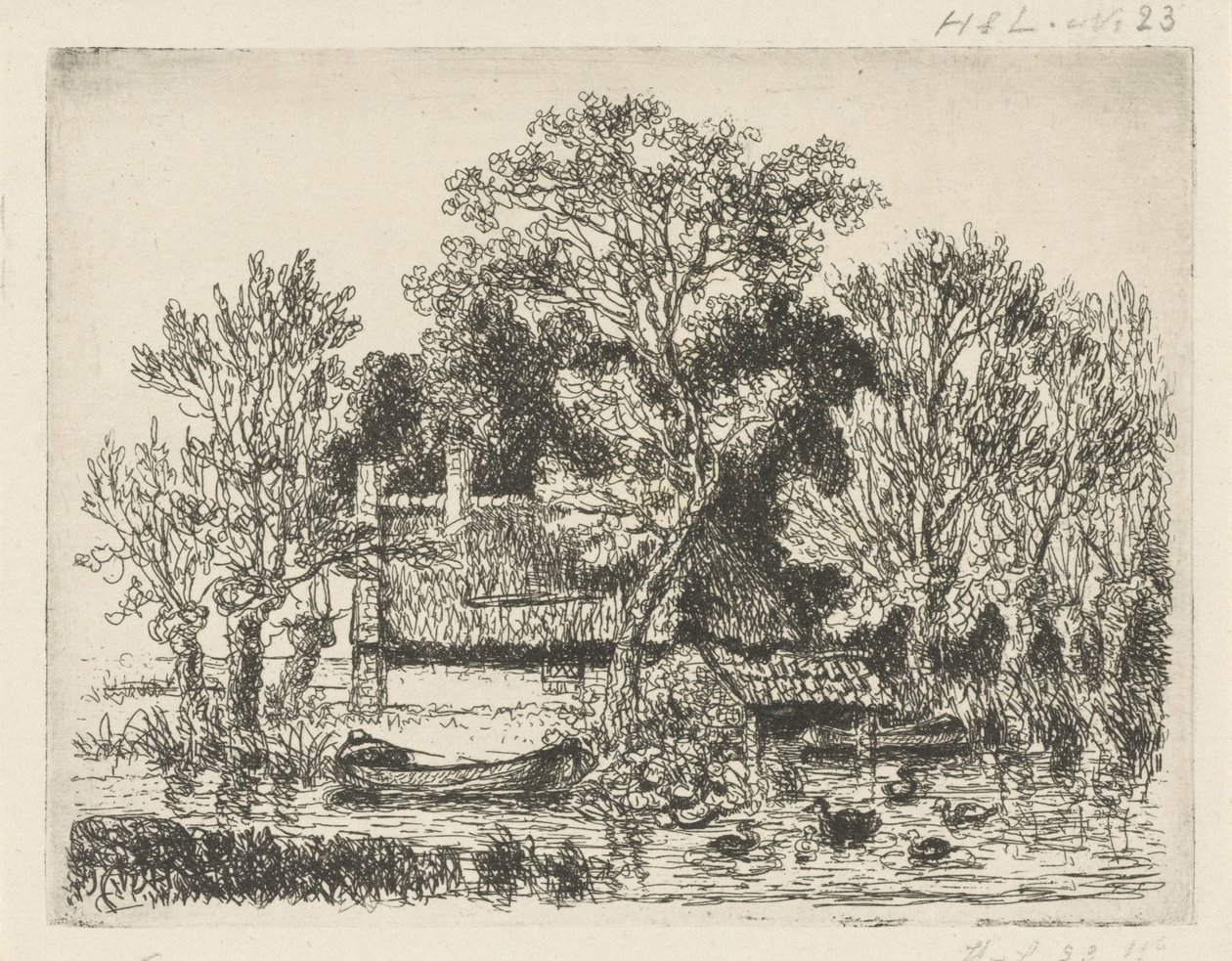 Bir mavna ve ördekler ile nehir manzarası by Hermanus Jan Hendrik van Rijkelijkhuysen