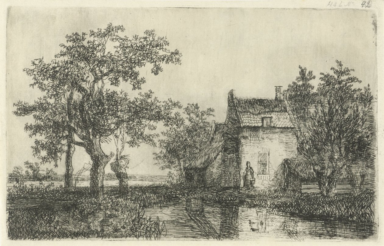 Suyun üzerinde bir çiftlik evinin önünde sepeti olan kadın by Hermanus Jan Hendrik van Rijkelijkhuysen
