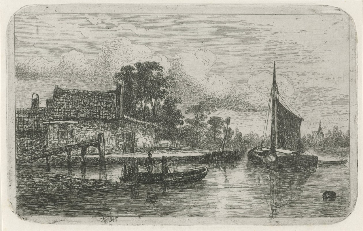 Sahilde yelkenli gemi by Hermanus Jan Hendrik van Rijkelijkhuysen