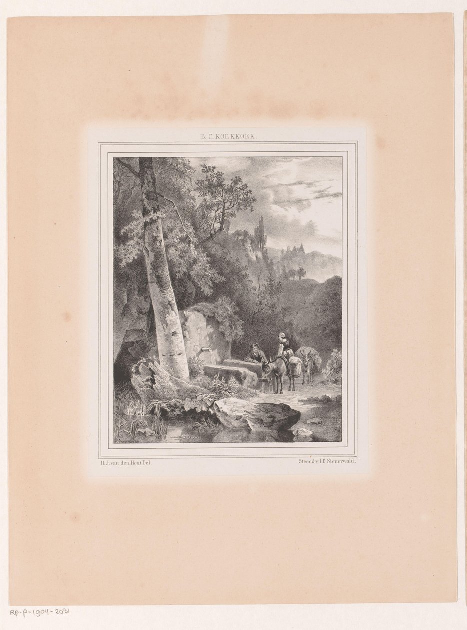 Bir kuyuda bir erkek, kadın ve iki eşek ile manzara by Hermanus Johannes van den Hout