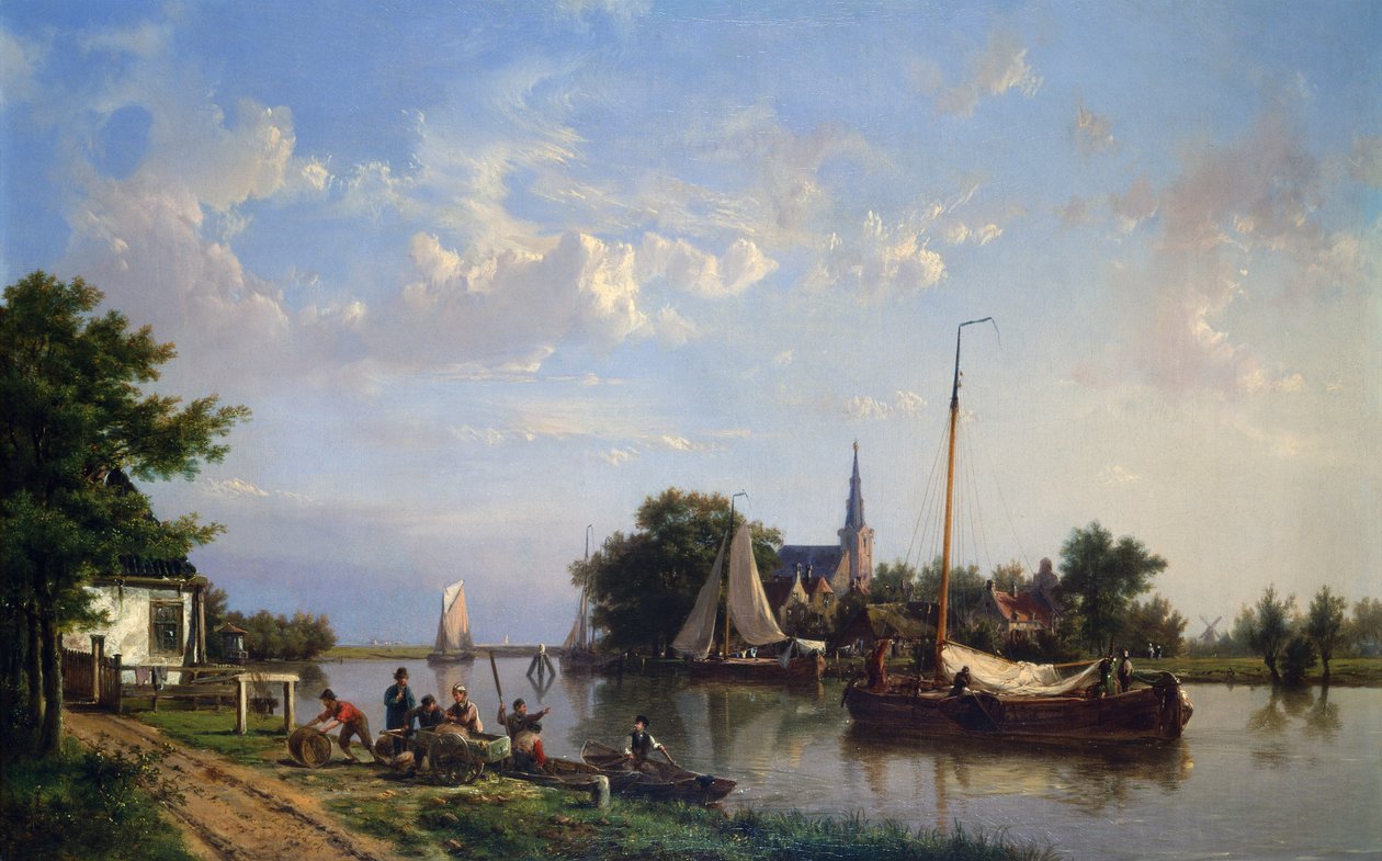 Yazın Kanaldaki Mavnalar (tuval üzerine yağlı boya) by Hermanus Koekkoek