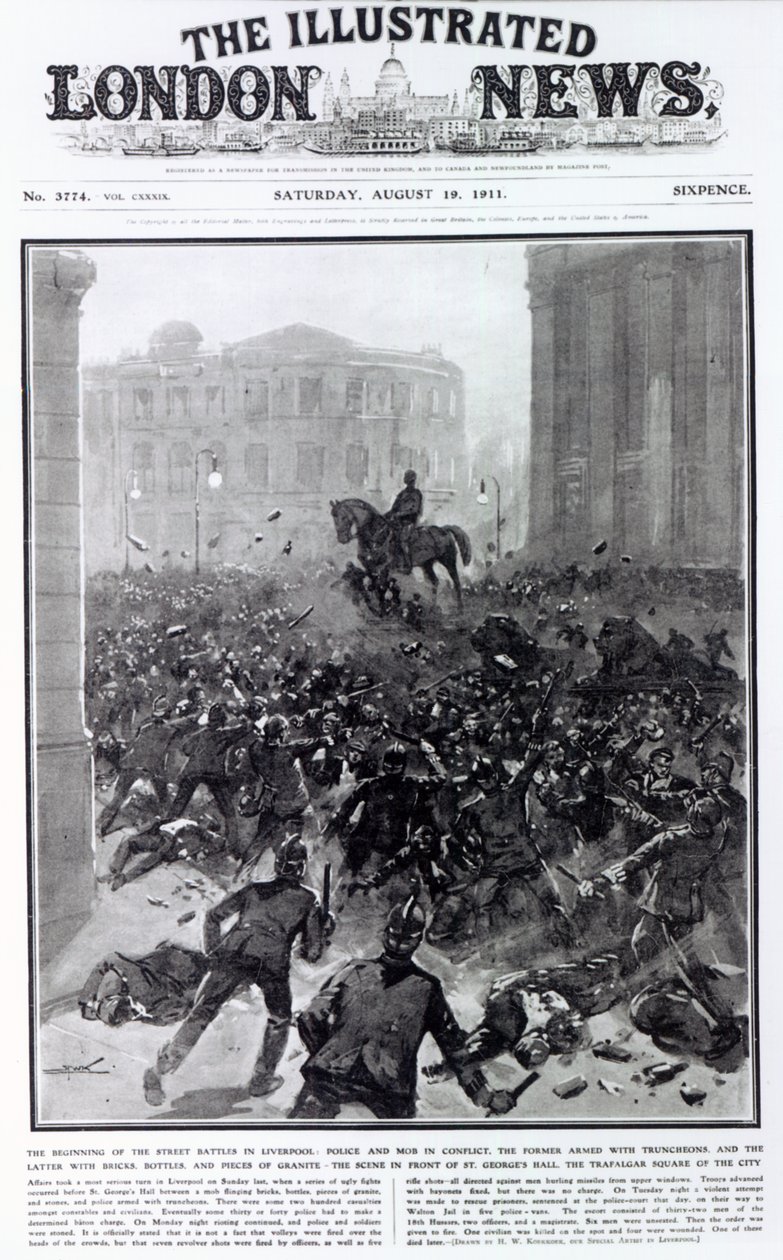 Liverpool General Transport Strike'da savaşmak, 'The Illustrated London News' kapağı, 19 Ağustos 1911 (baskı) by Hermanus Willem Koekkoek
