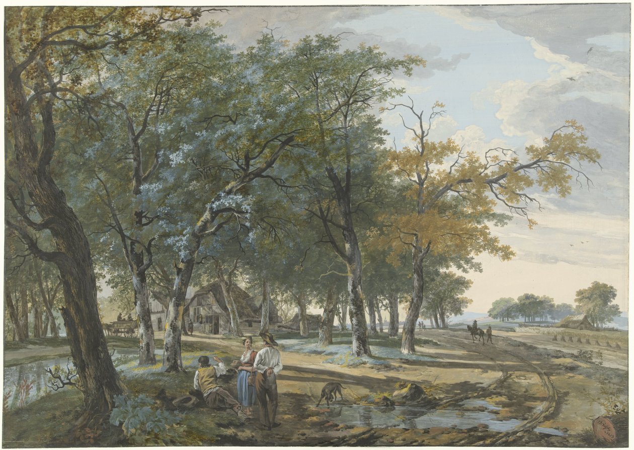 Ağaçlar arasında bir ev ve tarlalar boyunca bir yol ile manzara by Hermanus van Brussel
