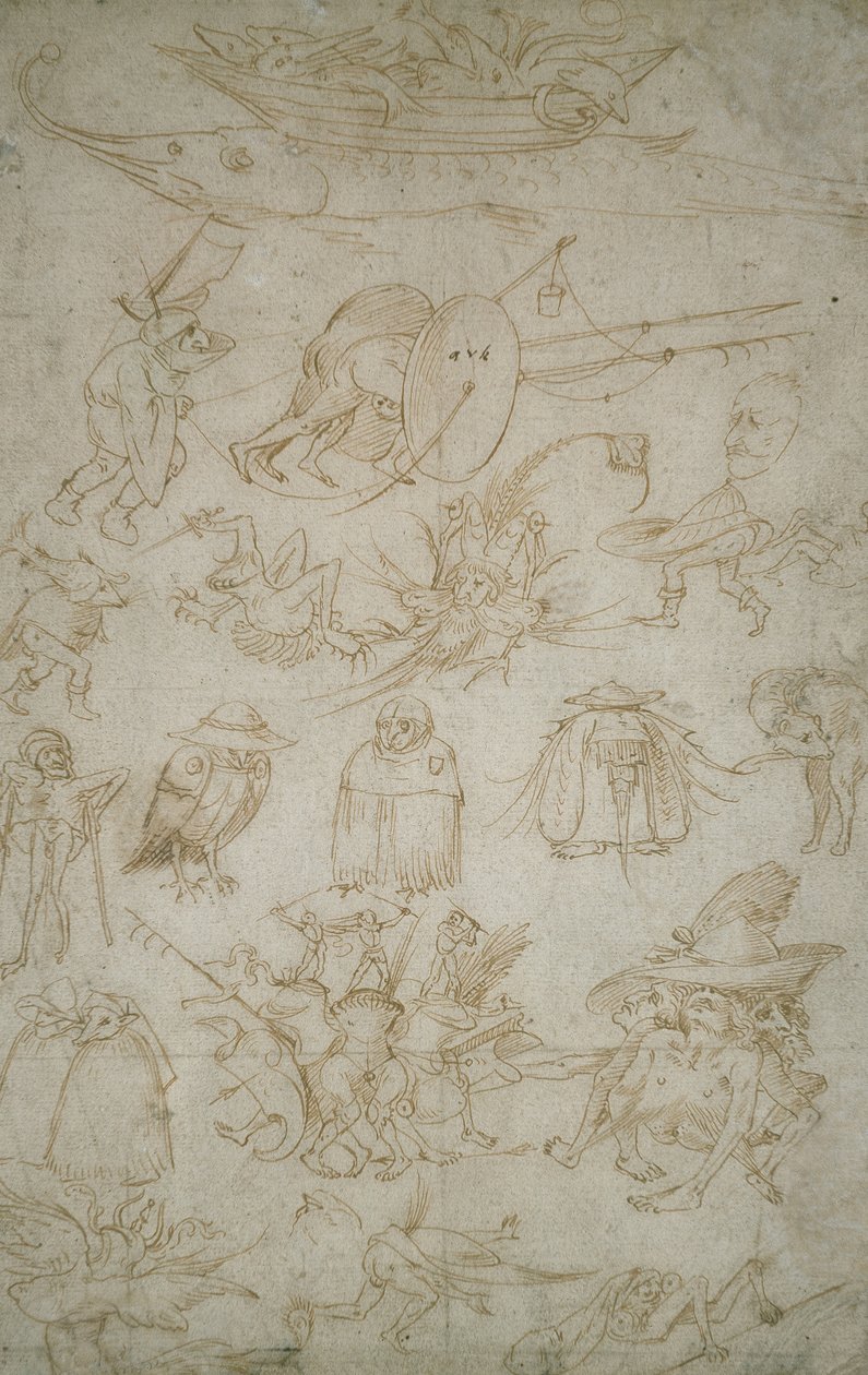 Grotesk Çalışmalar (verso), 15. yüzyıl (kağıt üzerine kalem ve bistre) by Hieronymus Bosch
