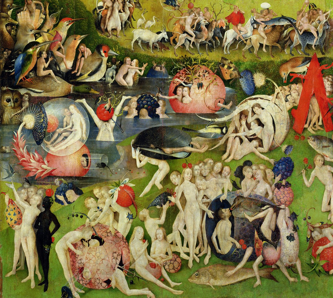 Dünyevi Zevkler Bahçesi: Lüks Alegori, üç parçalı orta panel, c.1500 (420 detayı) by Hieronymus Bosch