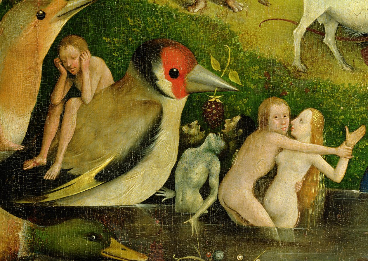 Dünyevi Zevkler Bahçesi: Lüks Alegori, üç parçalı orta panel, sudaki bir çift ve bir kuş detayı, c.1500 (420 detayı) by Hieronymus Bosch