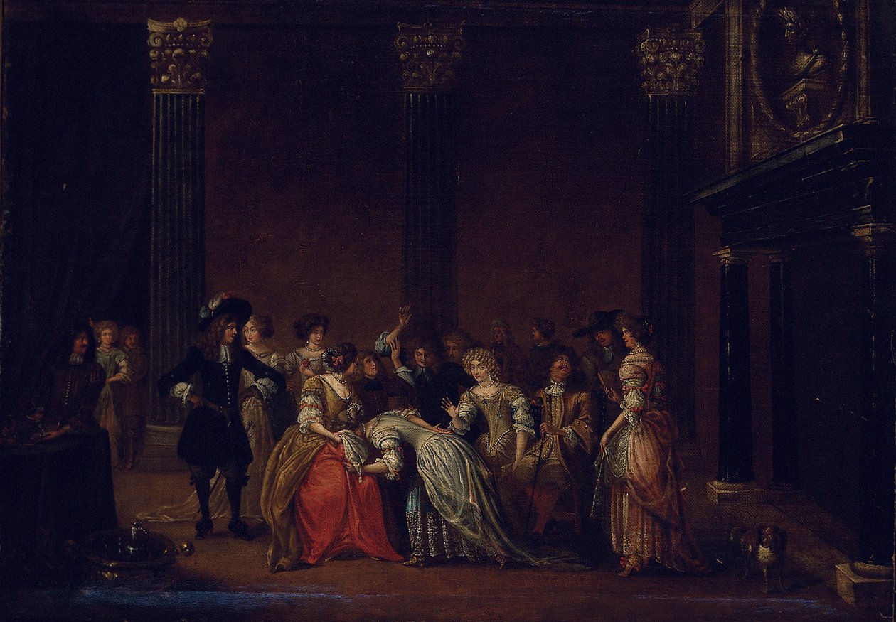 Evlilik anlaşmazlığı olan bir iç mekanda zarif bir şirket (tuval üzerine yağlı boya) by Hieronymus (follower of) Janssens