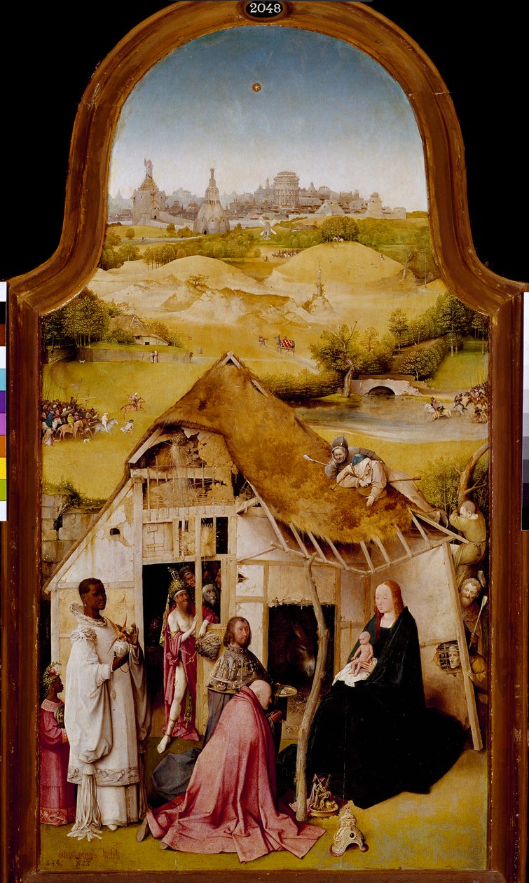 Epifani üçlüsünün Magi Merkez panelinin hayranlığı. Hieronymus Van Aeken (Aken) ve Jerome Bosch (1450-1516) tarafından yapılan resim. 1510-1511. karartmak 138x72 cm Madrid. Prado Müzesi. by Hieronymus Bosch