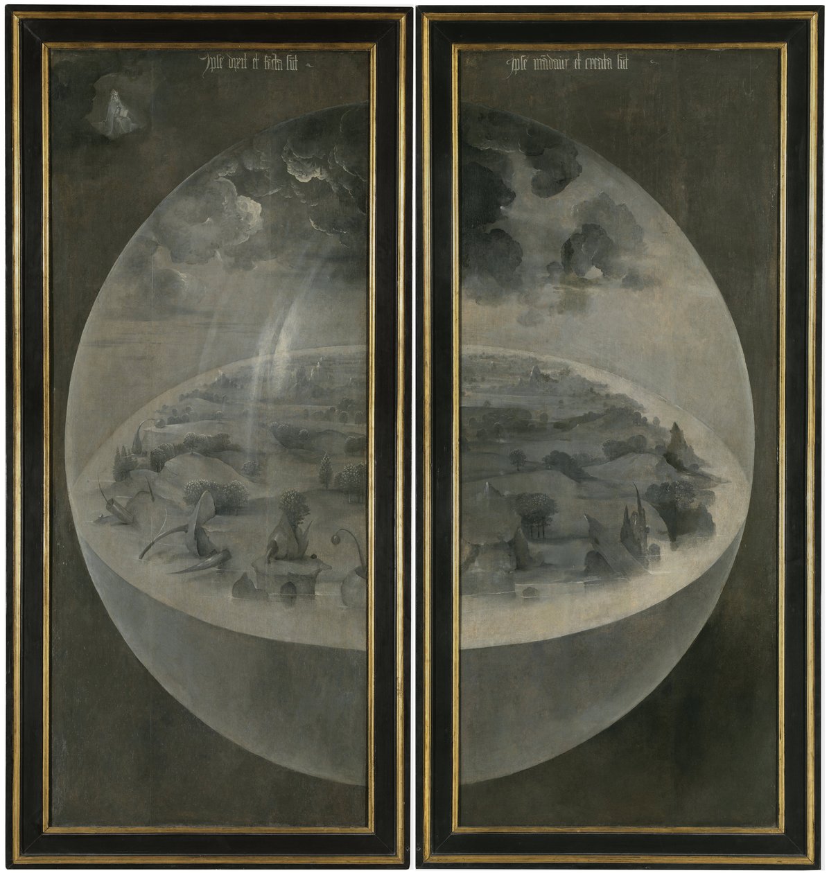 Dünyanın kozmik küresini temsil eden dünyanın yaratılması (Bulle). "Dünyevi zevklerin bahçesi" üçlüsünün panjurlarının arkası. Hieronymus Bosch olarak bilinen Hieronymus Van Aeken