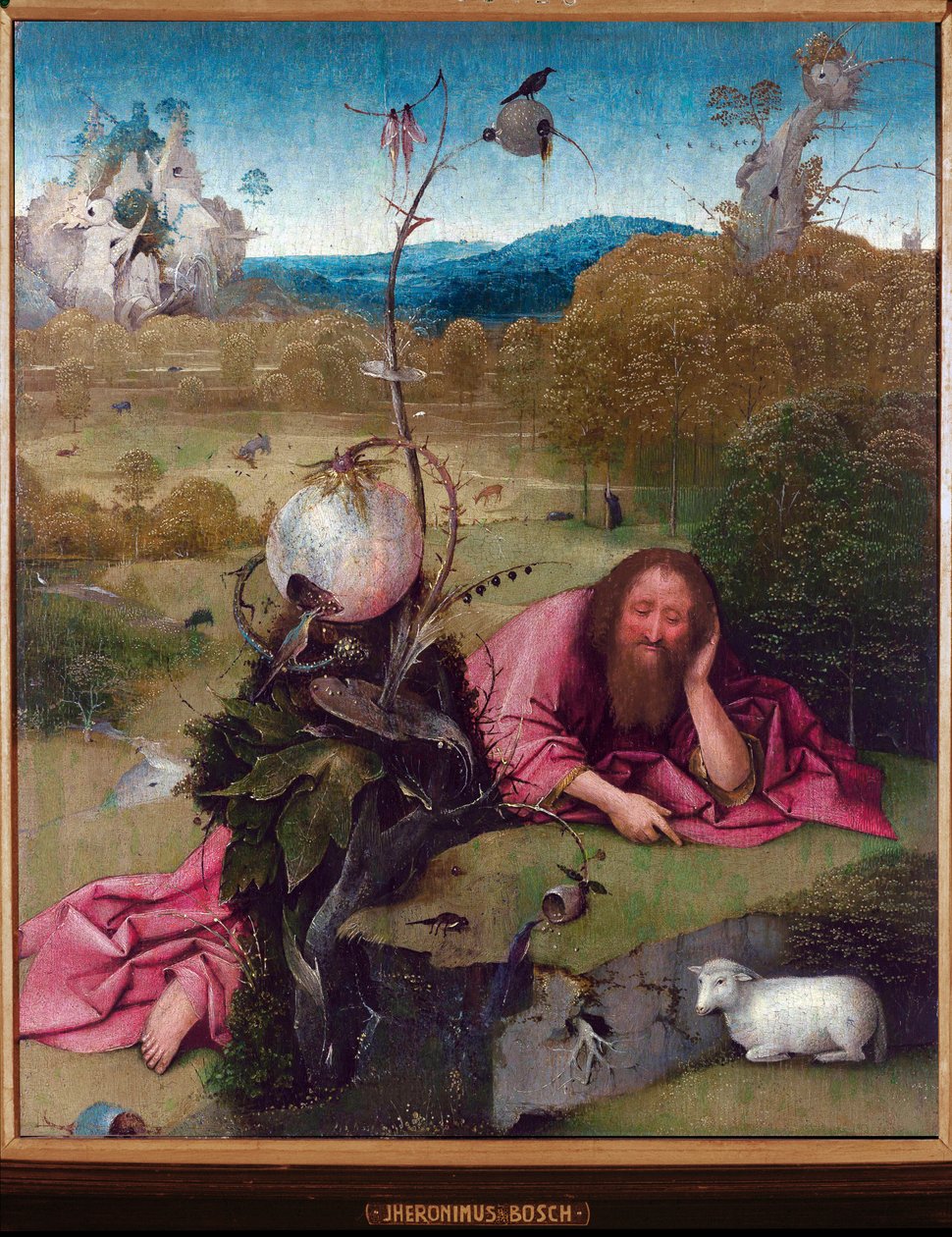 Saint John the Baptist in the Desert - Tablo Jheronimus van Aken, dit Jerome (Hieronymus) Bosch (yaklaşık 1450 -1516), ahşap üzerine yağlı boya, 48,5x40 cm, yaklaşık 1489 - Madrid, Lazaro Galdiano Müzesi by Hieronymus Bosch