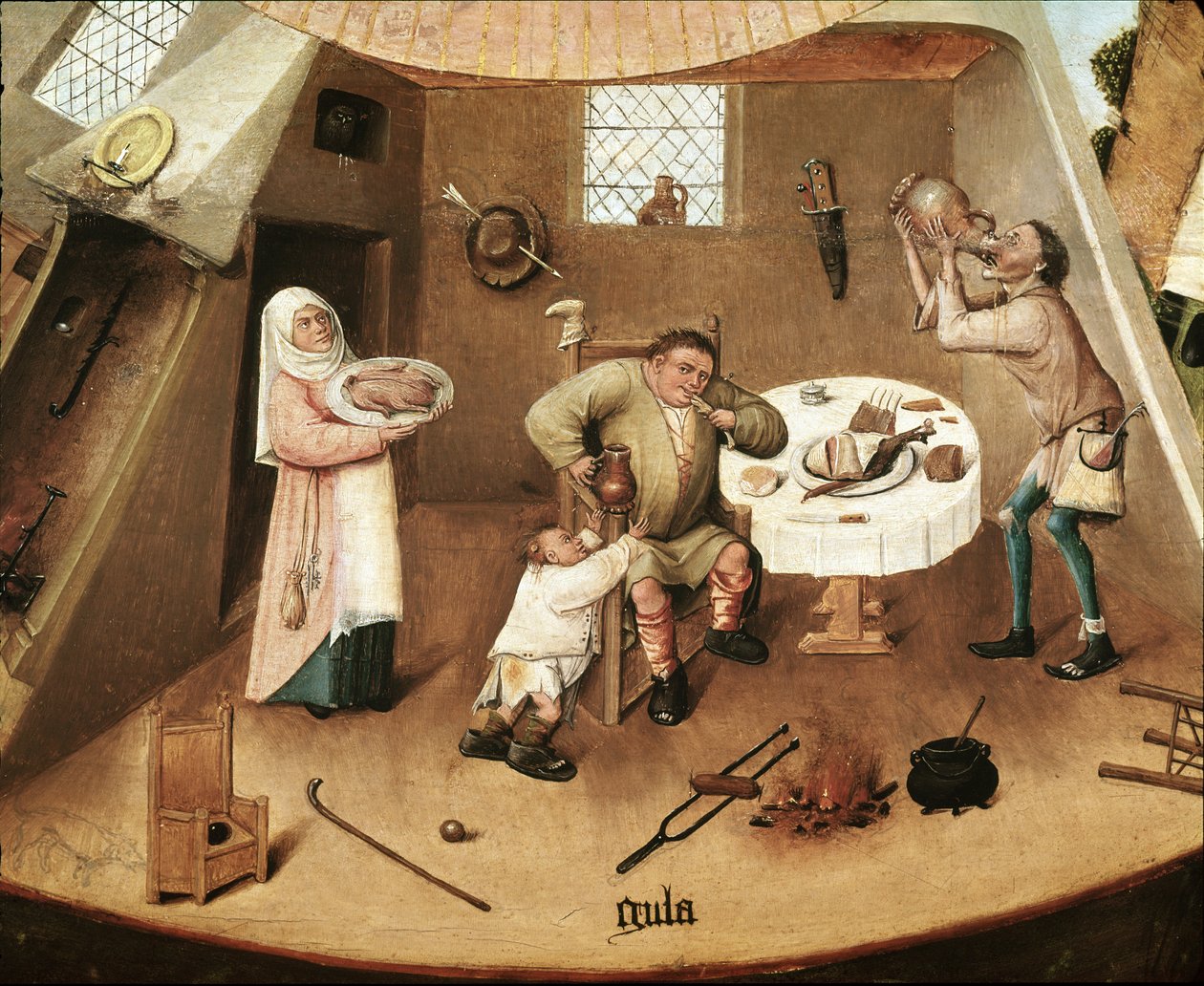 Yedi ölümcül günah: açgözlülük. Detay (panelde yağ by Hieronymus Bosch
