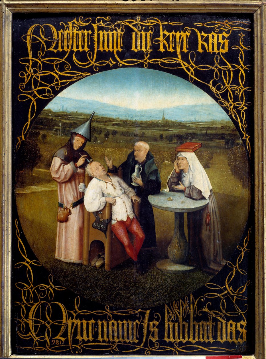 Folie Taşının Çıkarılması. Hieronymus Van Aeken (Aken) ve Jerome Bosch (1450-1516) tarafından yapılan boyama by Hieronymus Bosch