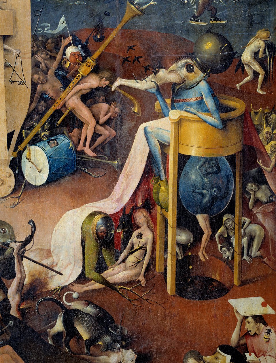 Hieronymus Van Aken (Aken) tarafından Jerome Bosch (1450-1516) tarafından yazılan “Karasal Lezzetler Bahçesi” üçlüsünün sağ kısmındaki Cehennem Detayı by Hieronymus Bosch