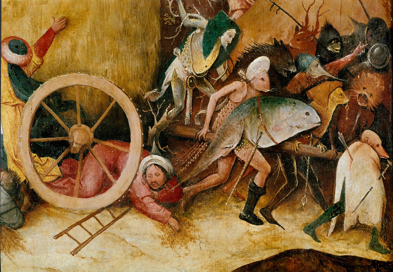 Saman tankı veya saman üçlüsü (saman arabası): Orta panel detayı. Canavar figürleri, antropomorfik karakterler ve bir adam tekerleğin altına çarpıyor. Hieronymus Van Aeken (Aken) ve Jerome Bosch (1450-1516) tarafından yapılan boyama by Hieronymus Bosch