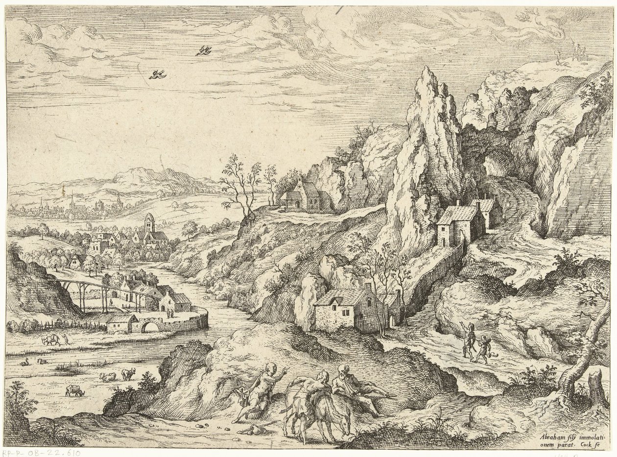 İbrahim ve İshak kurban yerine giderken İncil ve mitolojik sahneleri olan manzaralar (dizi başlığı) by Hieronymus Cock