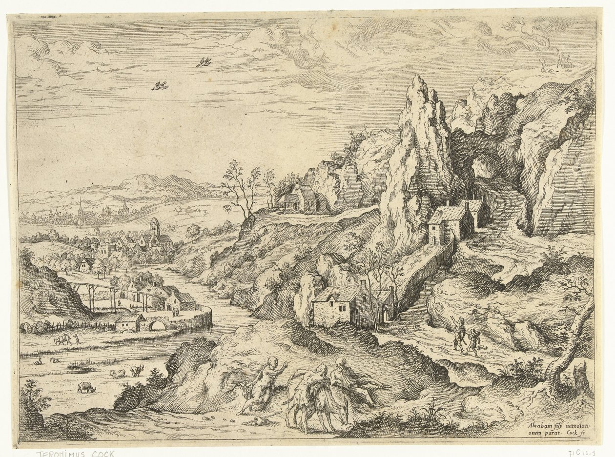 İbrahim ve İshak kurban yerine giderken İncil ve mitolojik sahneleri olan manzaralar (dizi başlığı) by Hieronymus Cock