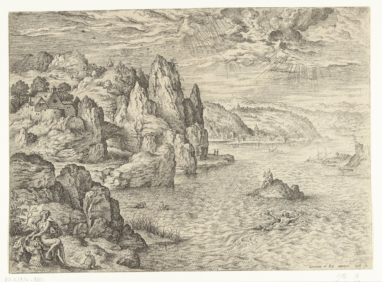 Kahraman ve Leander ile Kıyı Manzarası Kahraman ve Leander İncil ve mitolojik sahneleri olan manzaralar (dizi başlığı) by Hieronymus Cock