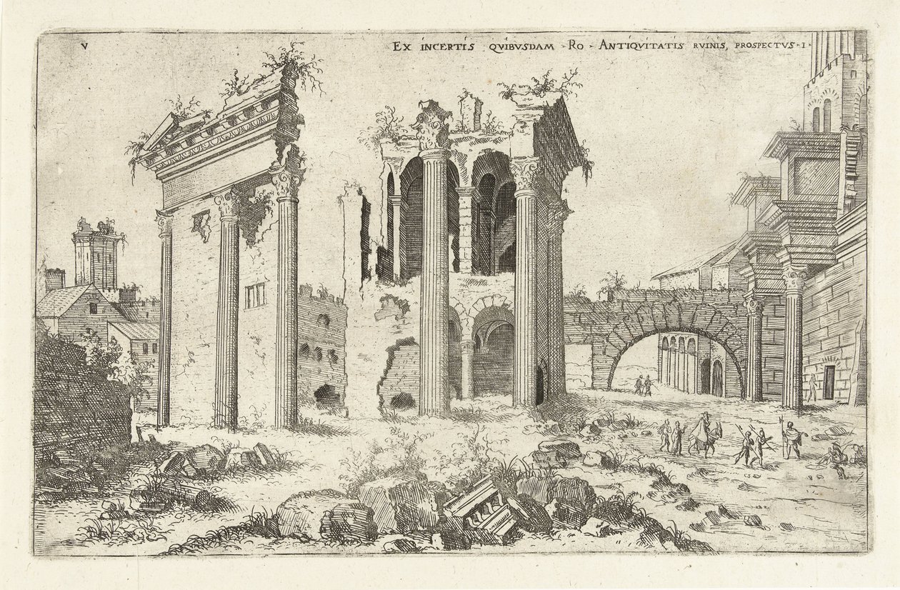Gezicht op het Forum van Nerva (Nesne üzerindeki başlık) Romeinse harabeleri (dizi adı) by Hieronymus Cock