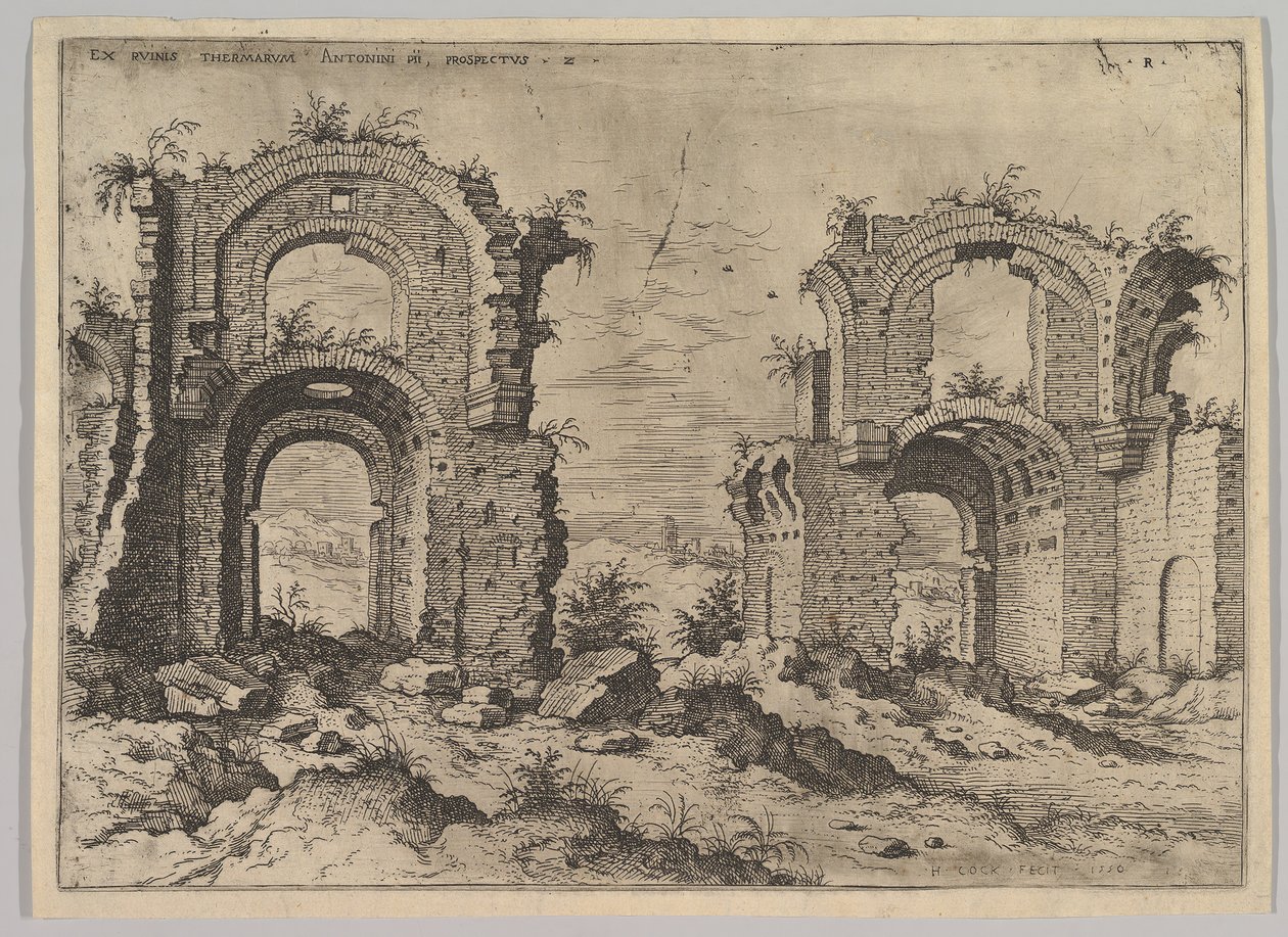 Diocletianus Hamamlarının İkinci Görünümü, Roma Harabeleri setinden, 1550. by Hieronymus Cock