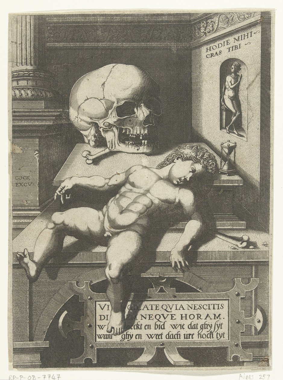 Çocuk ve kafatası ile Vanitas performansı (Hodi mihi kras tibi / Bugün ben, yarın sen) by Hieronymus Cock