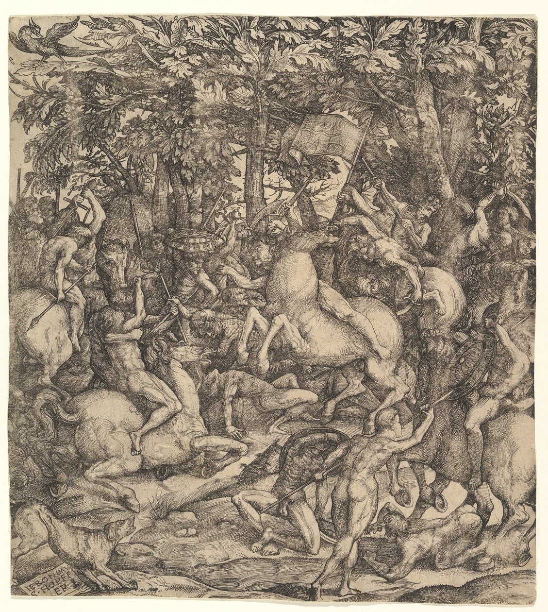 Bir ormanda süvari ve piyade arasındaki savaş, 16. yüzyıl. by Hieronymus Hopfer