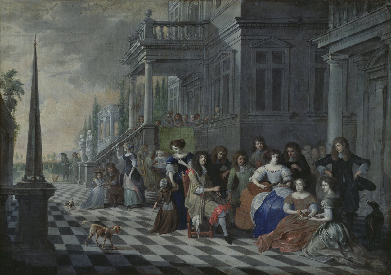 Bir sarayın önünde müzik yapan karakterler, 1672 by Hieronymus Janssens