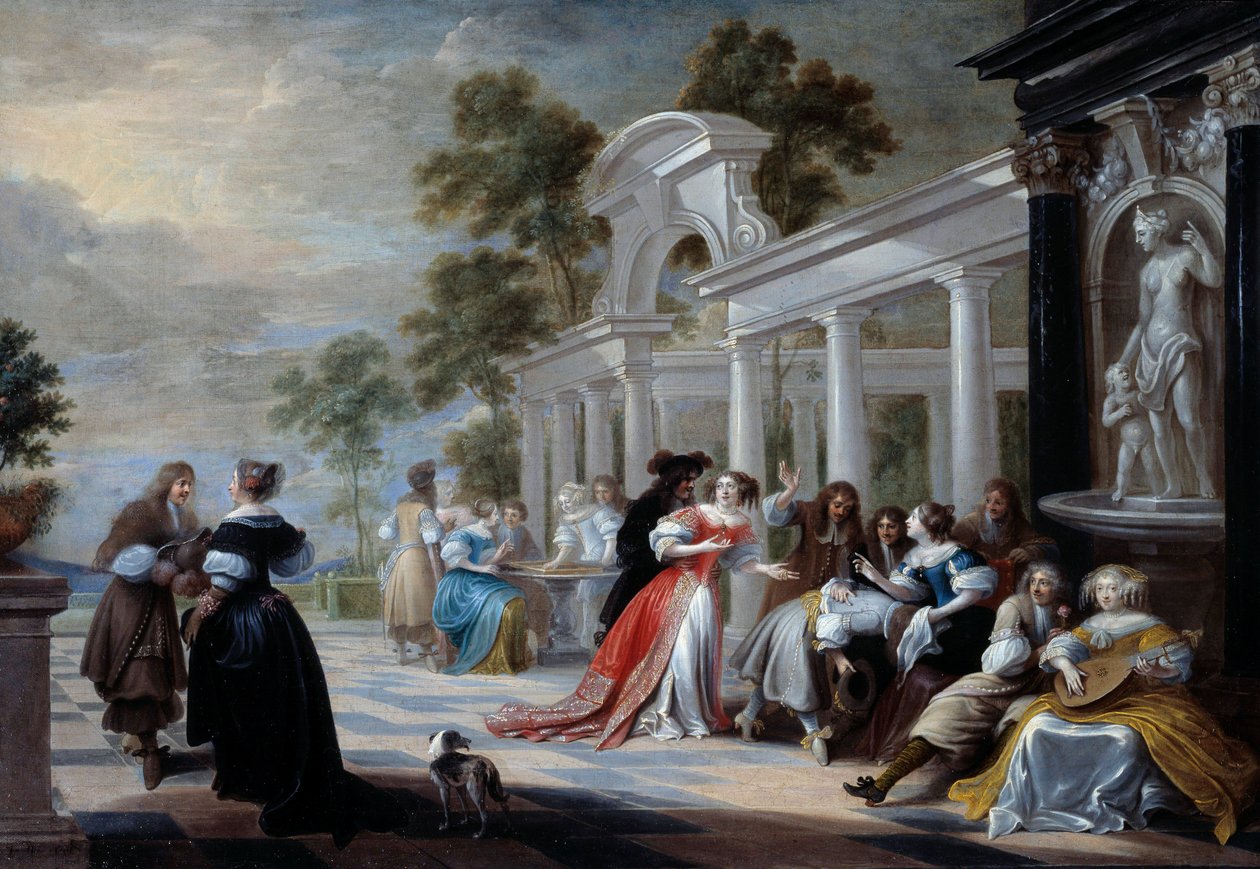 Bir parkta oynayan Flaman soylularının Hot Hand Gençleri oyunu. Resim Hieronymus Janssens dit le Dancer (1624-1693) 17. yüzyıl Güneşi. 0,58x0,83 m by Hieronymus Janssens