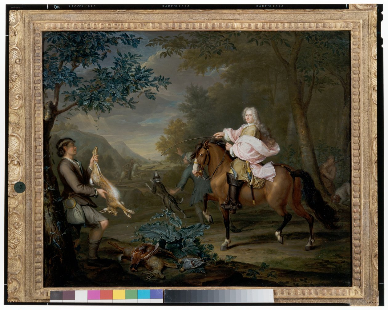 Geniş Bir Manzarada Avcılarla Birlikte At Sırtındaki Bir Beyefendi by Hieronymus van der Mij