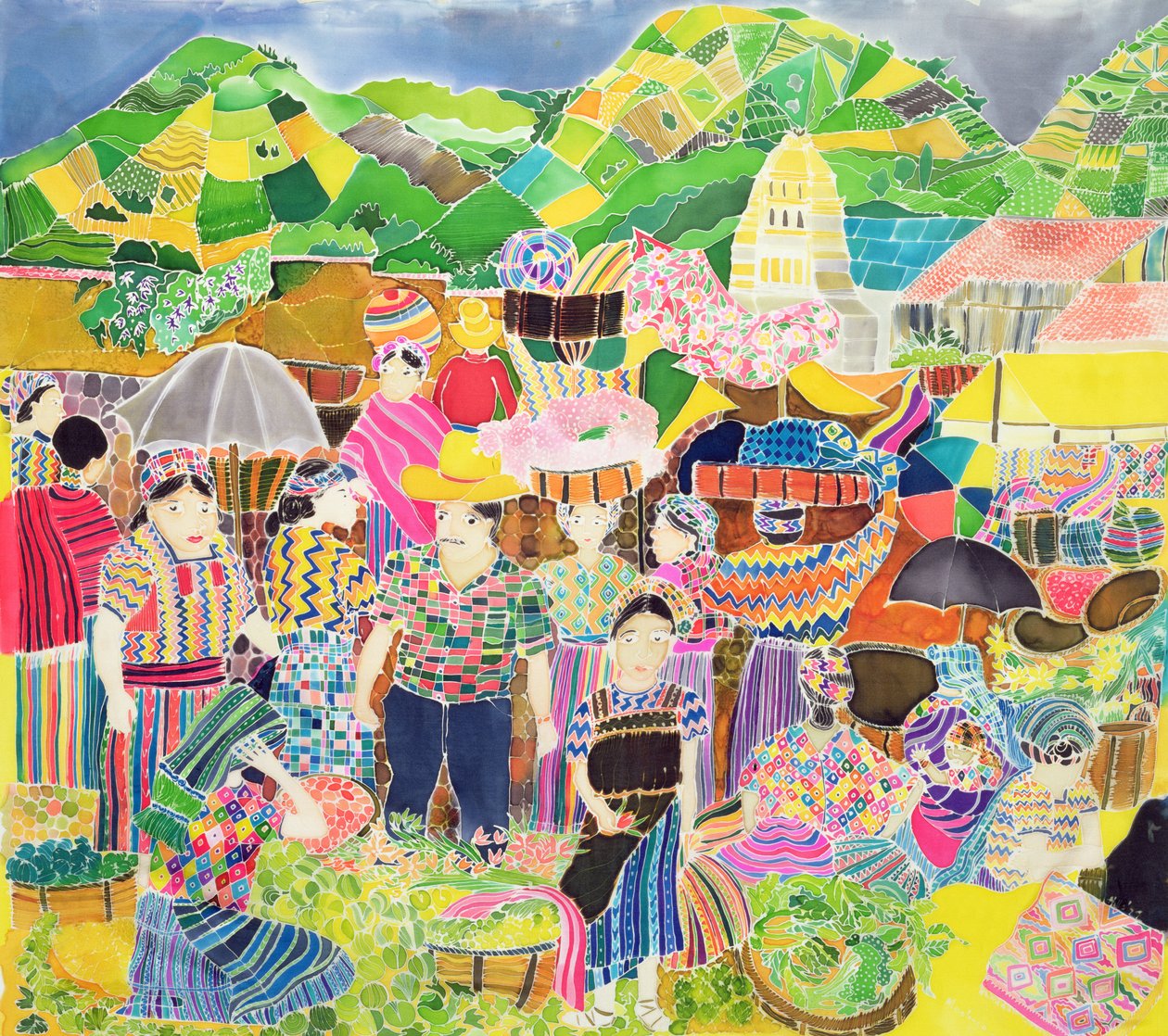 Almolonga Pazarı (ipek üzerine renkli mürekkepler) by Hilary Simon