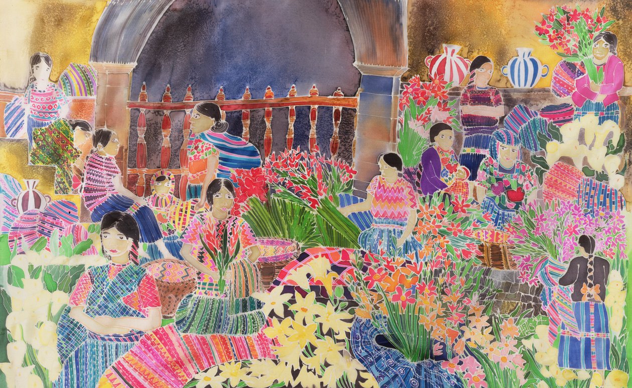 Chichicastenango, Pazar Günü (ipek üzerine renkli mürekkepler) by Hilary Simon