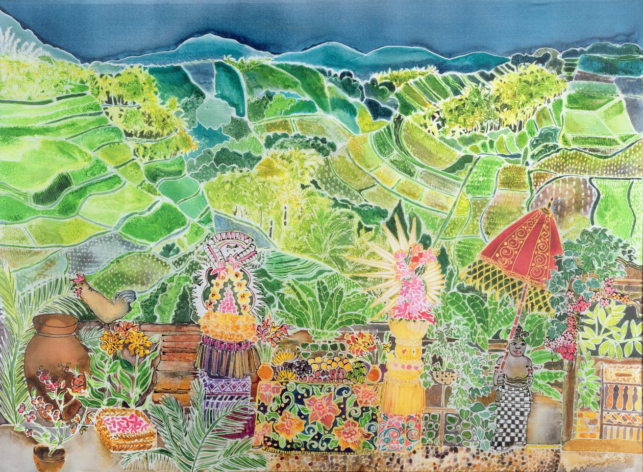 Kedewatan, Bali, 1997 (ipek üzerine renkli mürekkepler) by Hilary Simon