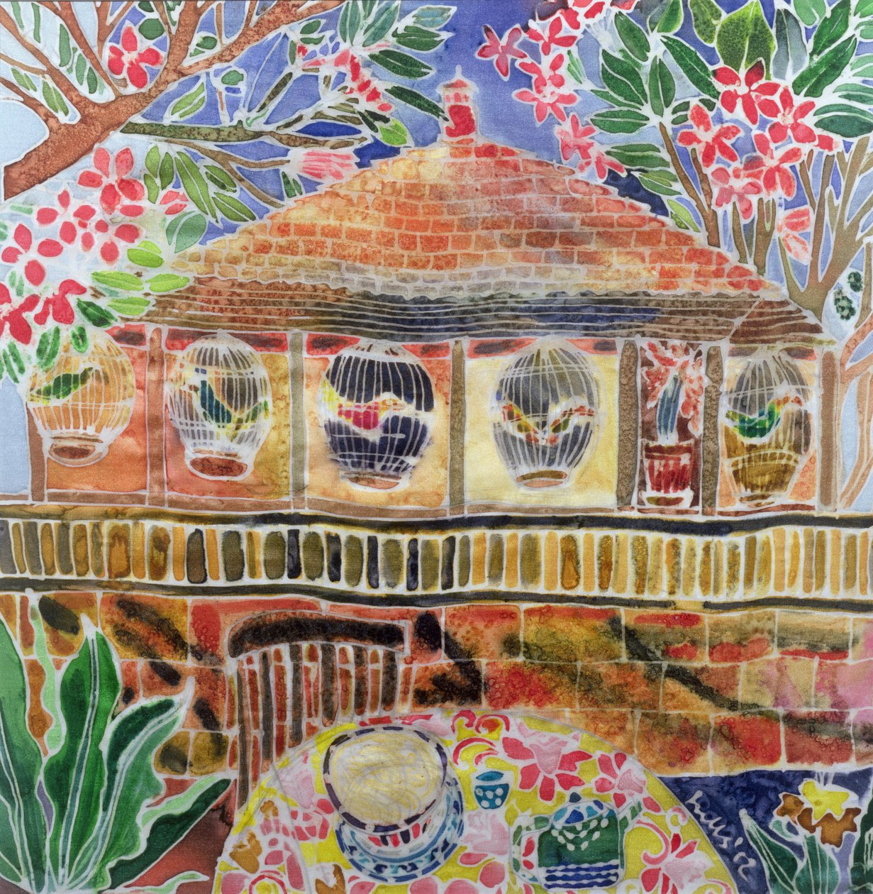 Lotus Cafe, Ubud, Bali, 2002 (ipek üzerine renkli mürekkep) by Hilary Simon