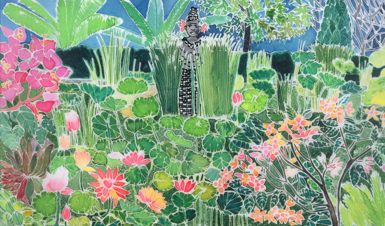 Lotus Pond, Ubud, Bali, 1997 (ipek üzerine renkli mürekkepler) by Hilary Simon