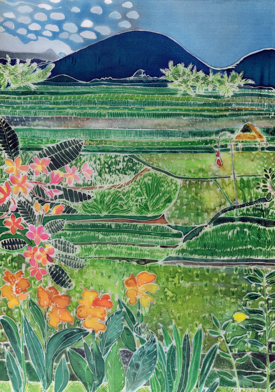 Lovina Ricefields with Lilies and Frangipani, Bali, 1996 (ipek üzerine renkli mürekkepler) by Hilary Simon
