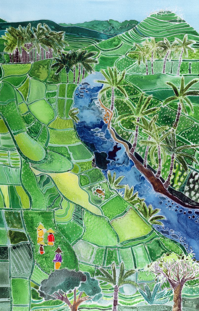 Agung Nehri, Bali, 1996 (ipek üzerine renkli mürekkepler) by Hilary Simon