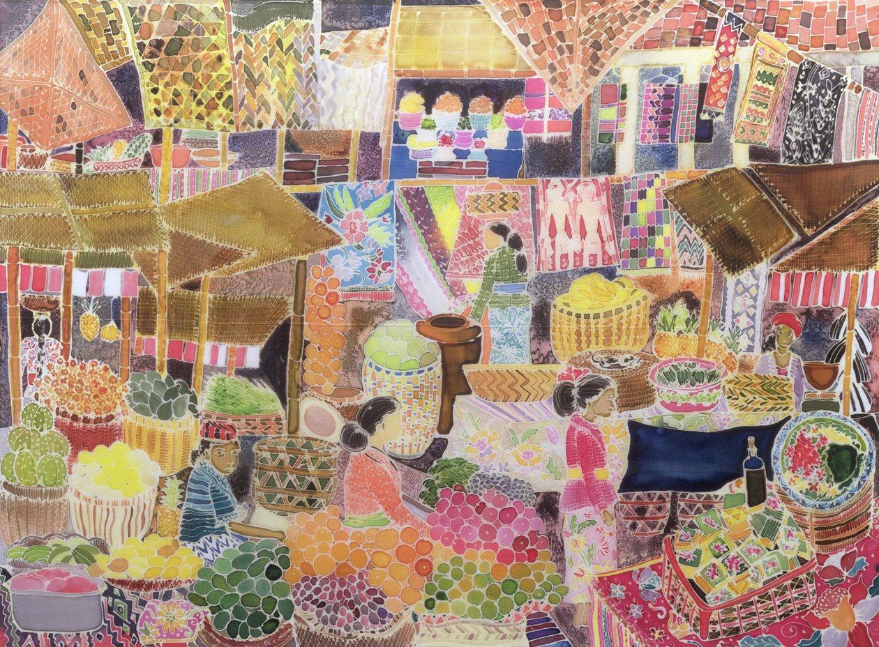 Ubud Pazarı, Bali, 2002 (ipek üzerine renkli mürekkep) by Hilary Simon