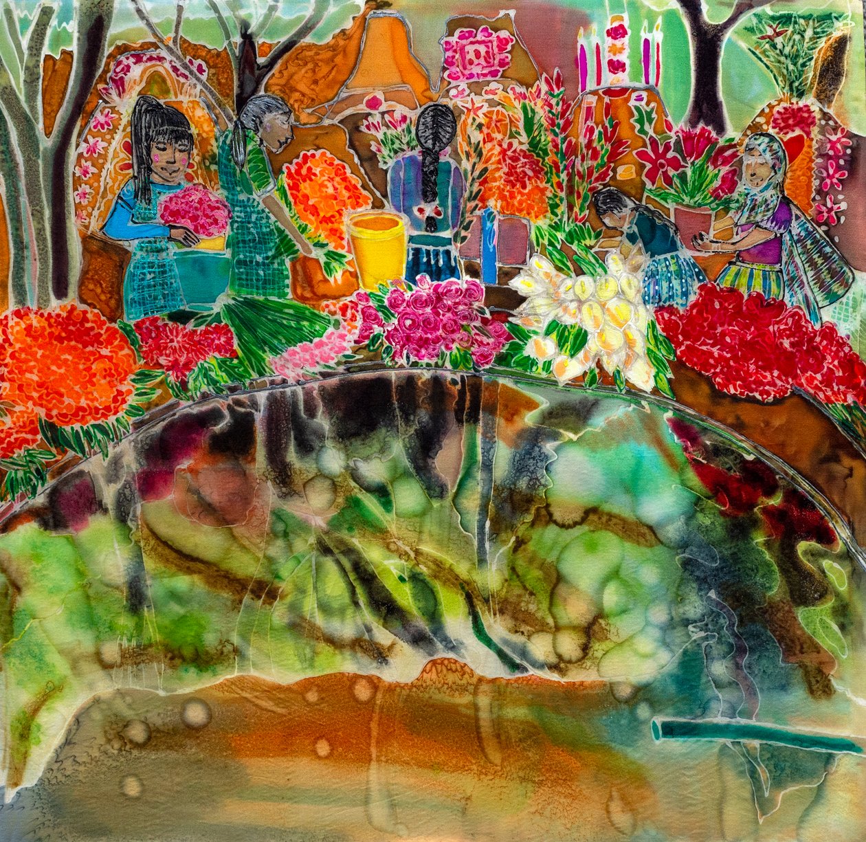 Mezarların giydirilmesi, Ölülerin Günü, Oaxaca, 2023 (ipek üzerine boyalar) by Hilary Simon