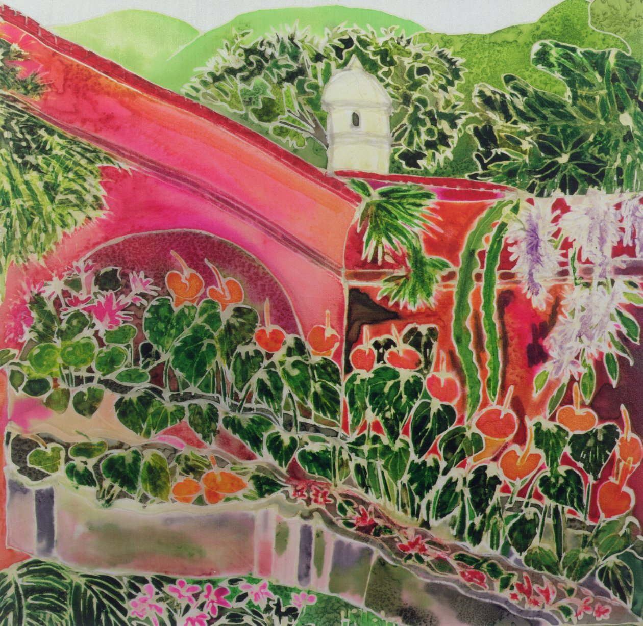 Bahçemizde, Antigua (ipek üzerine renkli mürekkepler) by Hilary Simon