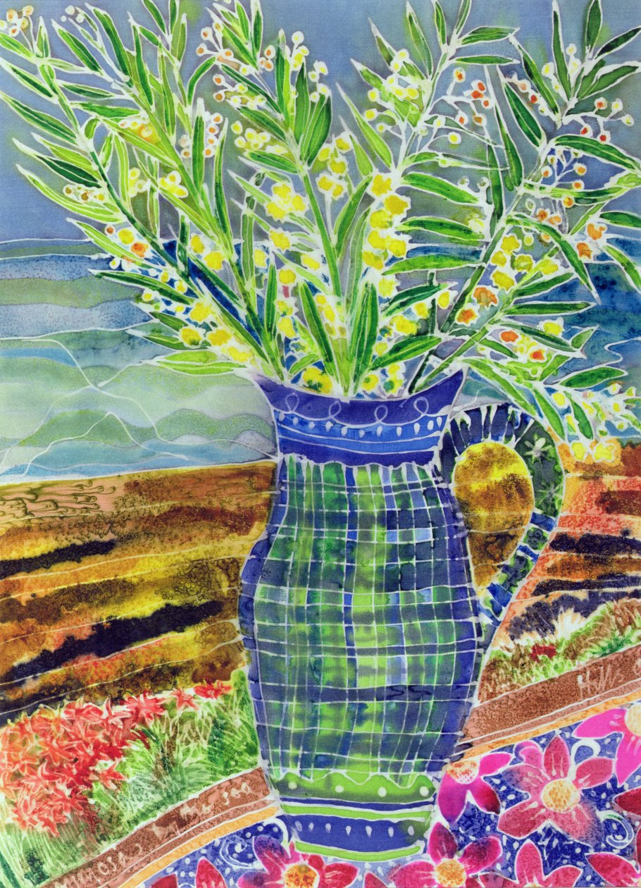 Annem için Mimoza (ipek üzerine renkli mürekkepler) by Hilary Simon