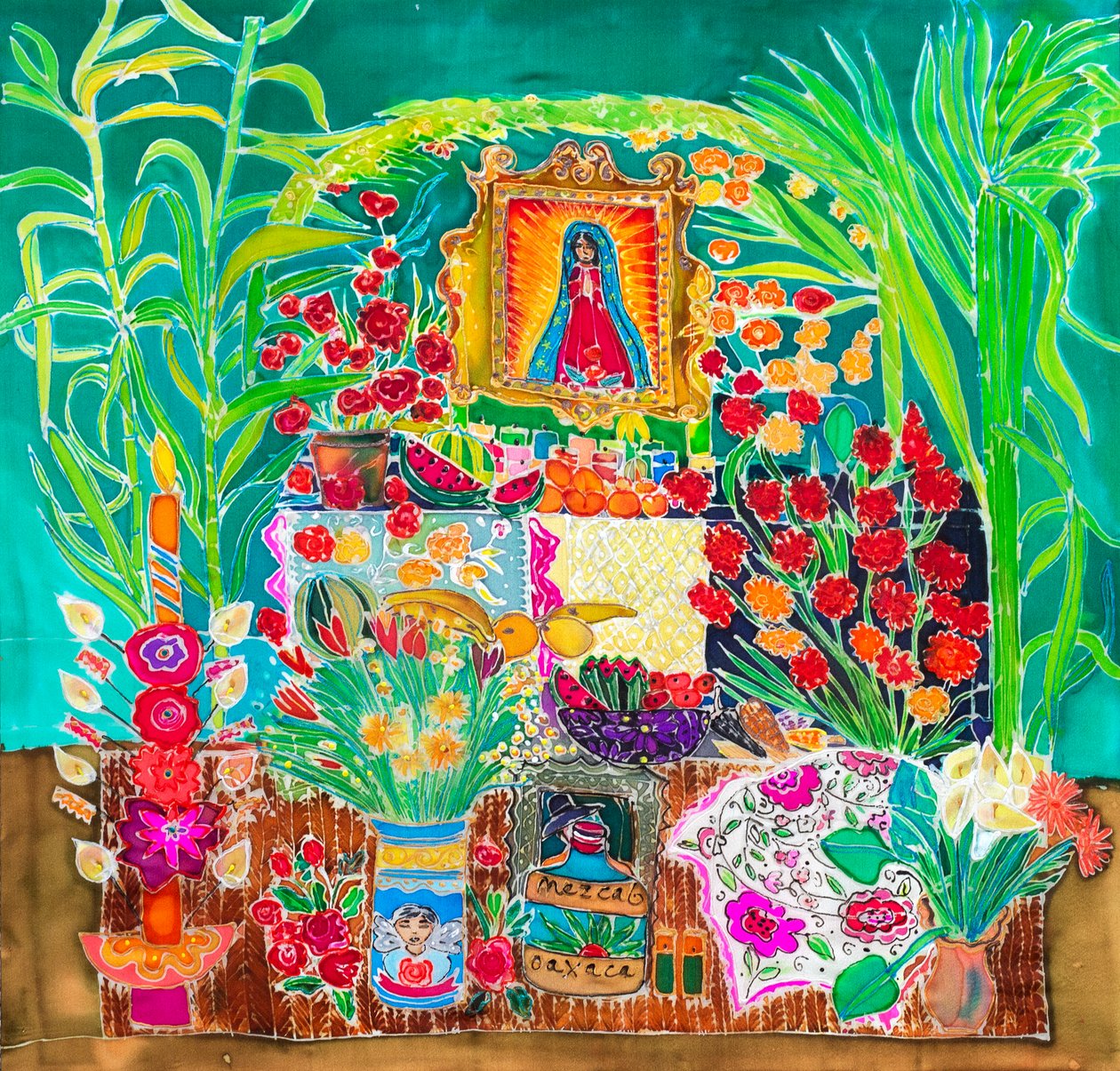 Tapınak, Ölülerin Günü, Oaxaca, 2023 (ipek üzerine boyalar) by Hilary Simon