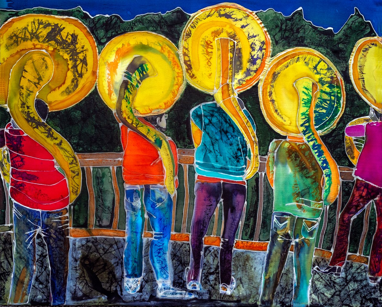 Sousaphones, Ölülerin Günü, Oaxaca, 2023 (ipek üzerine boyalar) by Hilary Simon