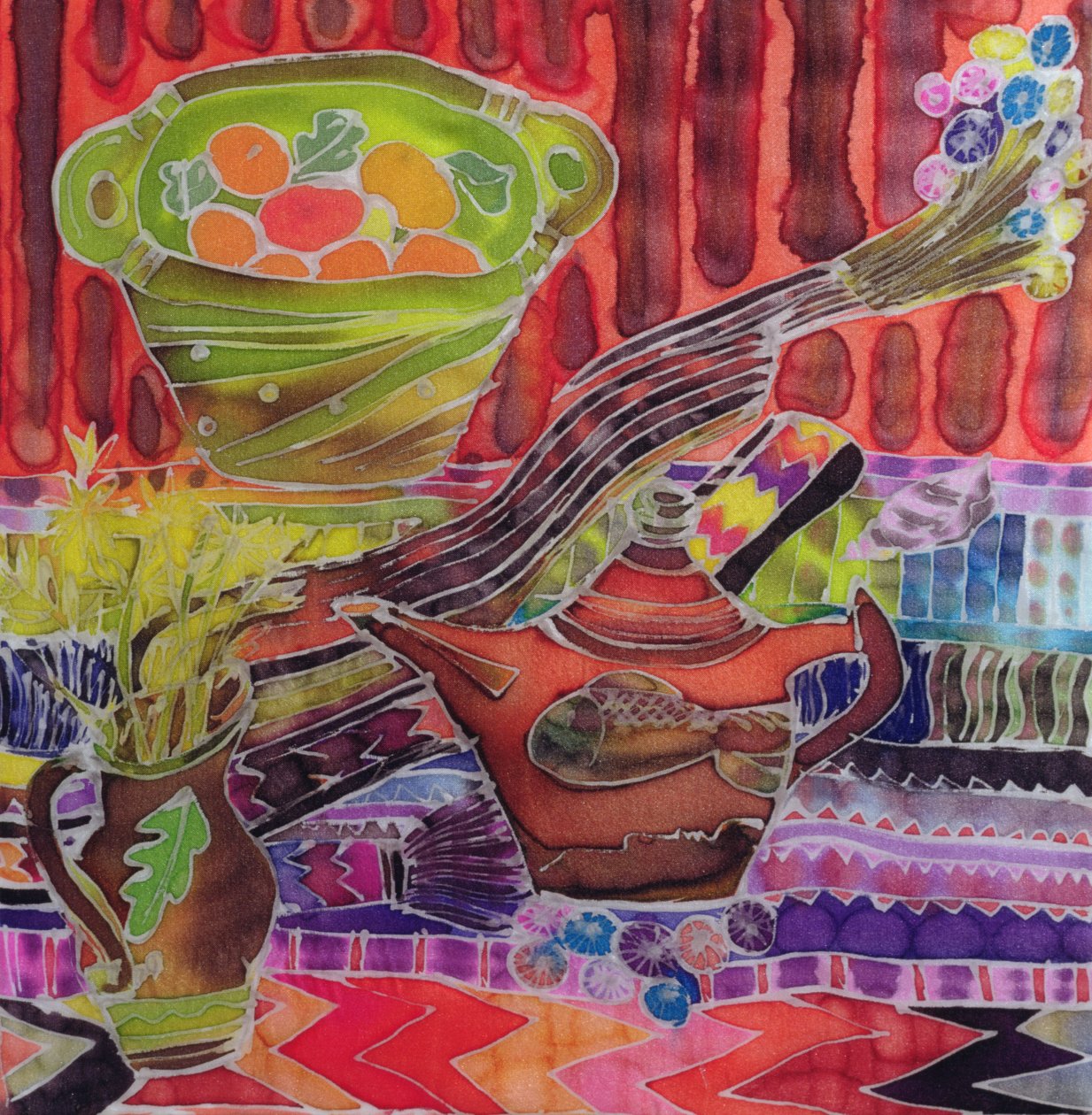 Çaydanlık ve Tekstil, 2006 (ipek üzerine boyalar) by Hilary Simon