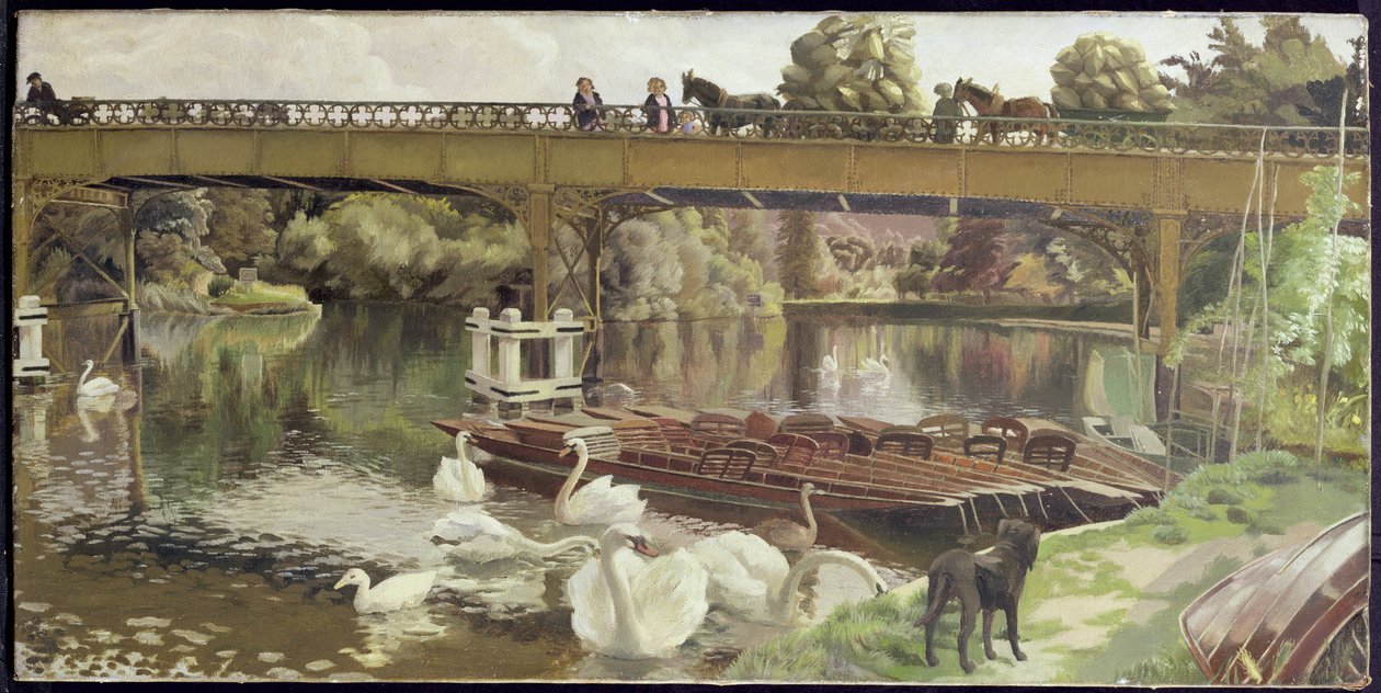 Kuğular, Cookham Köprüsü (tuval üzerine yağlı boya) by Hilda Carline
