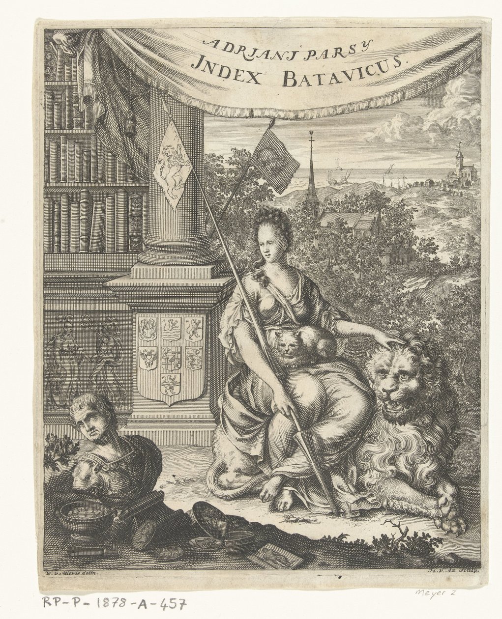 Index Batavicus için başlık sayfası veya Batavise ve Hollandalı yazarların İsim rulosu Index Batavicus (nesne üzerindeki başlık) by Hillebrand van der Aa