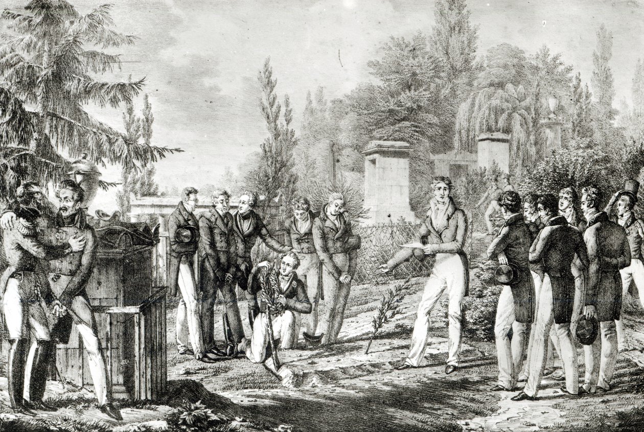 Gaspard Monge (1746-1818) mezarındaki Ecole Polytechnique öğrencileri, Eylül 1818 by Hippolyte Lecomte